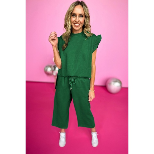 Dark Green Ruffled Sleeve Summer Top and Cropped Loose Pants Set - XL - Main Image