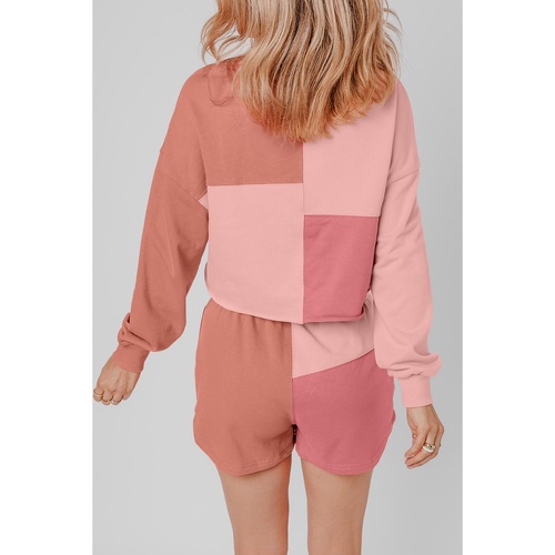 Peach Blossom Colorblock Patchwork Long Sleeve Shorts Outfit - L - Main Image