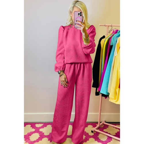 Rose Red Textured Puff Sleeve Top and Pants Set - S - Main Image