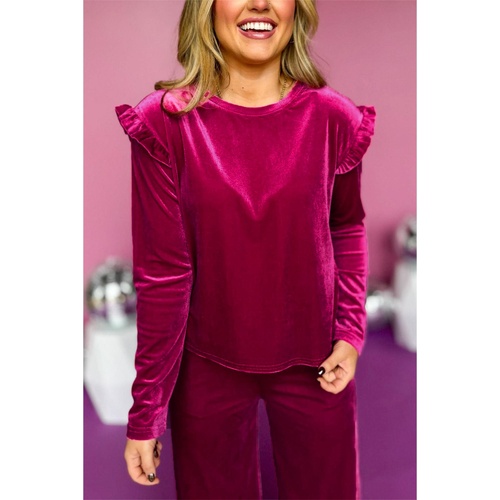 Rose Red Solid Velvet Ruffled Two Piece Pants Set - L - Main Image