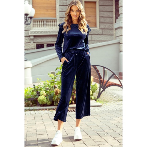 Navy Blue Solid Velvet Ruffled Two Piece Pants Set - L - Main Image