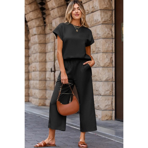Black Solid Color Textured Short Sleeve Top and Casual Pants Set - S - Main Image