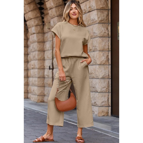Parchment Solid Color Textured Short Sleeve Top and Casual Pants Set - M - Main Image