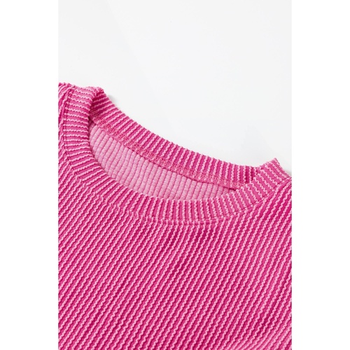 Strawberry Pink Corded Textured Long Sleeve Top and Shorts Set - L - Main Image
