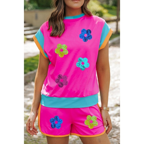 Rose Red Sequined Flower Graphic Colorblock 2 Piece Shorts Set - L - Main Image