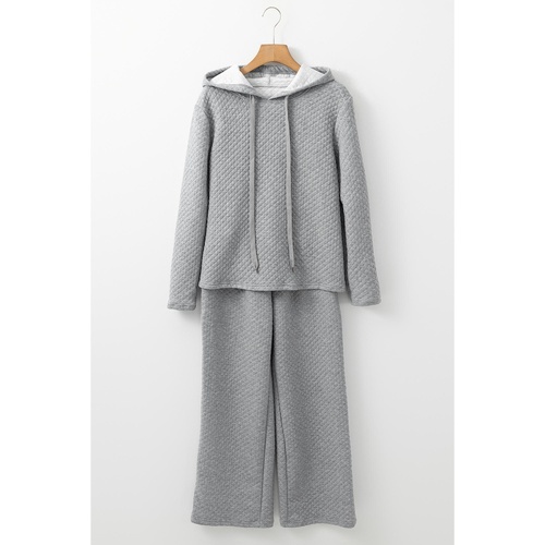 Gray Solid Color Drawstring Hoodie and Wide Leg Pants Set - S - Main Image