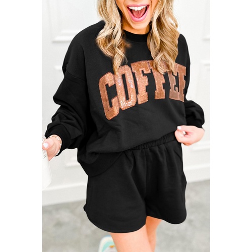 Black Sequined COFFEE Loose Fit Sweatshirt and Shorts Set - M - Main Image