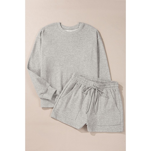 Light Grey Solid Pullover Sweatshirt and Shorts 2 Piece Set - S - Main Image