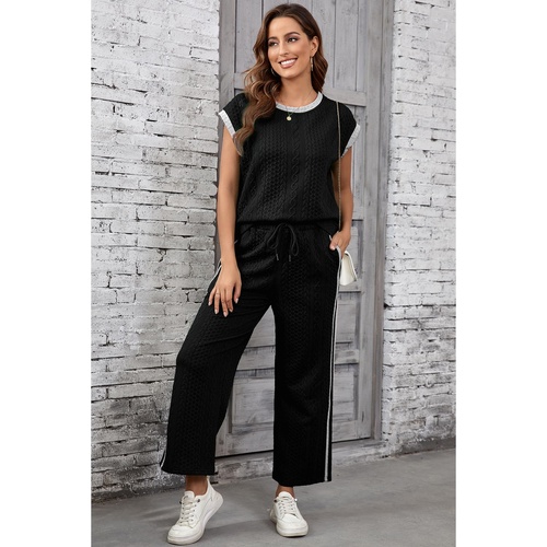 Black Cable Knit Contrast Trim Short Sleeve Top and Pants Set - S - Main Image