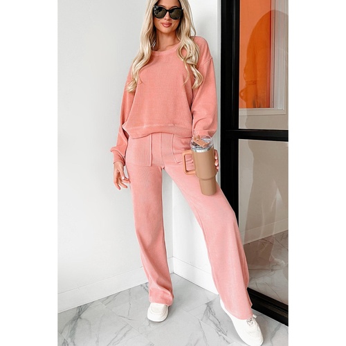Blossom Ribbed Knit Drop Shoulder Pocketed Two Piece Lounge Set - S - Main Image