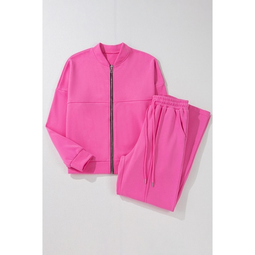 Bright Pink Solid Seamed Zipper Jacket and Drawstring Waist Pants Set - L - Main Image