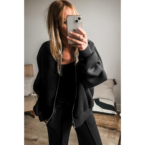 Black Solid Seamed Zipper Jacket and Drawstring Waist Pants Set - L - Main Image