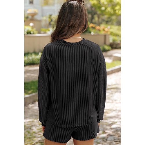 Carbon Grey Corded Knit Long Sleeve Top and High Waist Shorts Set - M - Main Image