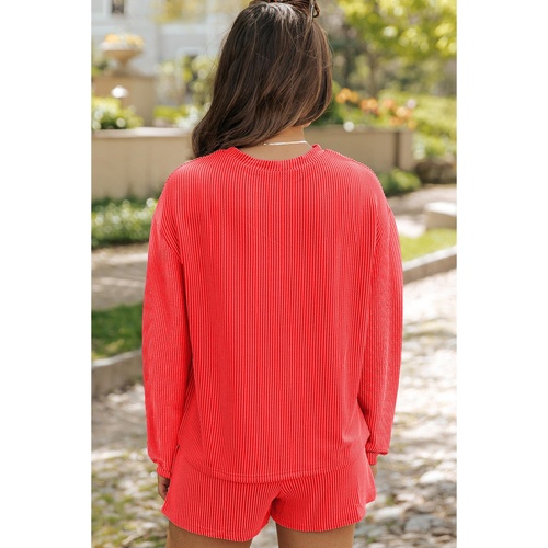 Casual Corded Knit Long Sleeve Top and High Waist Shorts Set - S - Main Image