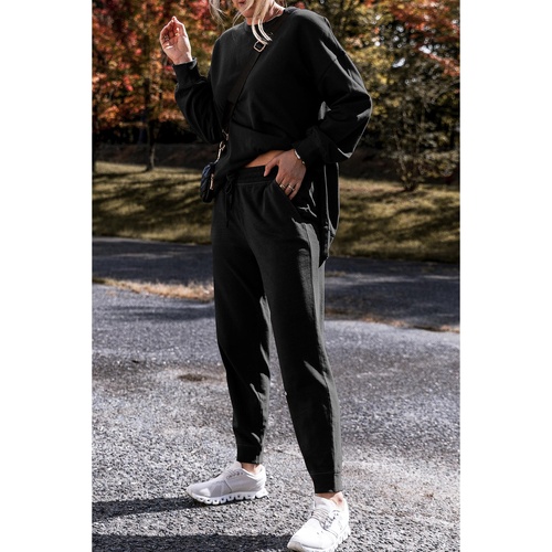 Black Solid Color High Low Pullover and Skinny Pants Set - L - Main Image