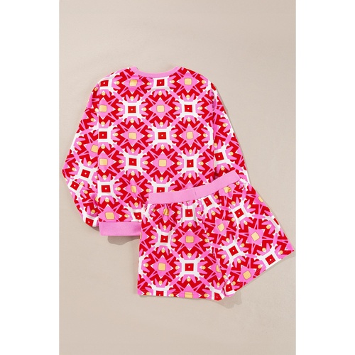 Sachet Pink Geometric Print Long Sleeve Top and Drawstring Shorts Set - M - Main Image