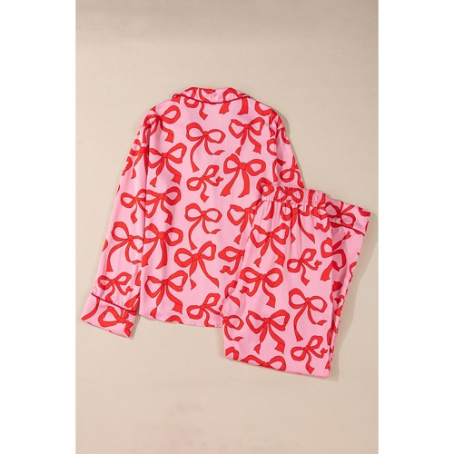 Pink 2pcs Bow Print Shirt Style Long Sleeve Pajama Set - S - Main Image
