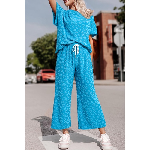 Blue Leopard Jacquard Short Sleeve Top and Wide Leg Pants Set - S - Main Image