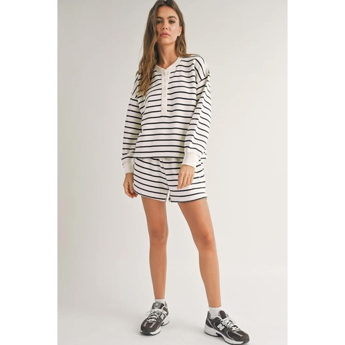 Black white Stripes Printed Half Button Long Sleeve Top and Shorts Set - XL - Main Image