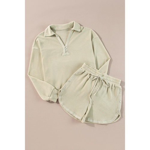 Parchment Textured Buttoned Long Sleeve Top 2 Piece Shorts Set - M - Main Image