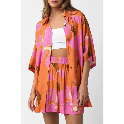 Russet Orange Floral Print Tunic Shirt and Shorts Set - XL - Main Image