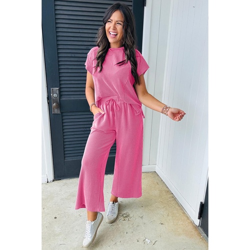 Bright Pink Solid Corded Knit Short Sleeve T Shirt and Wide Leg Pants Set - L - Main Image