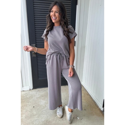 Wild Wind Solid Corded Knit Short Sleeve T Shirt and Wide Leg Pants Set - L - Main Image