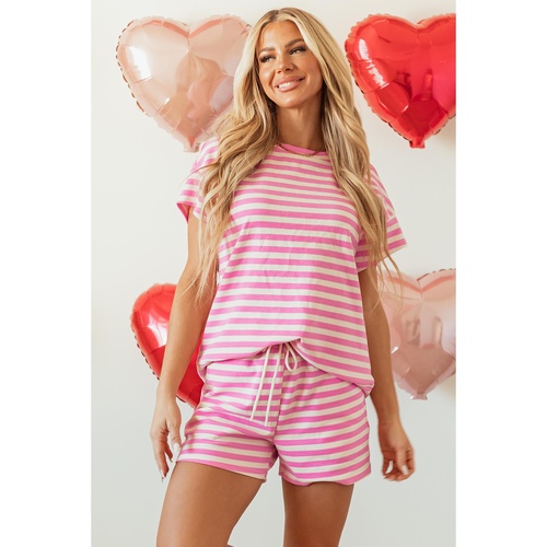 Rose Stripe Crew Neck T Shirt and Drawstring Shorts Set - XL - Main Image