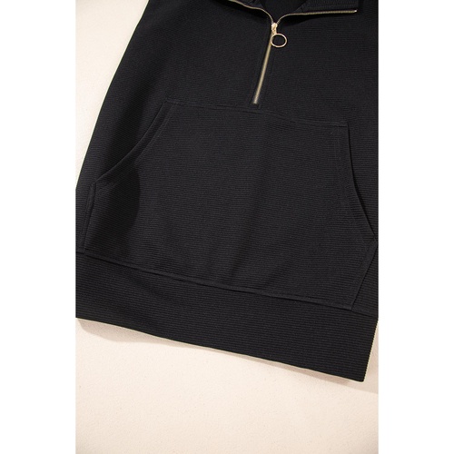 Black Textured Half Zip Kangaroo Pocket Top Drawstring Shorts Set - S - Main Image