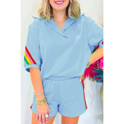 Sky Blue Rainbow Colorblock Collared Short Sleeve Top 2 Piece Shorts Set - M - Main Image