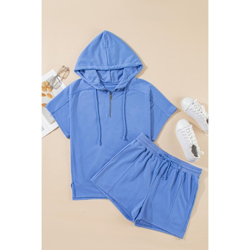 Sky Blue Casual Zipped Short Sleeve Hoodie and Shorts Set - XL - Main Image