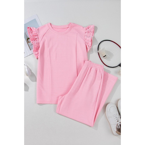 Pink Textured Pearled Ruffled Sleeve Wide Leg Pants Set - M - Main Image