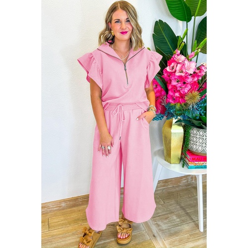Pink Textured Ruffled Sleeve Zipped Top and Wide Leg Pants Set - XL - Main Image