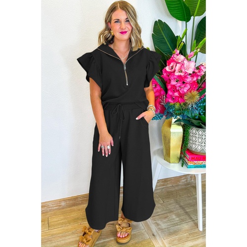 Black Textured Ruffled Sleeve Zipped Top and Wide Leg Pants Set - M - Main Image
