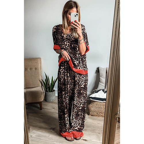 Brown Animal Print Color Contrast Edge Loose Fit Pants Set - XL - Main Image
