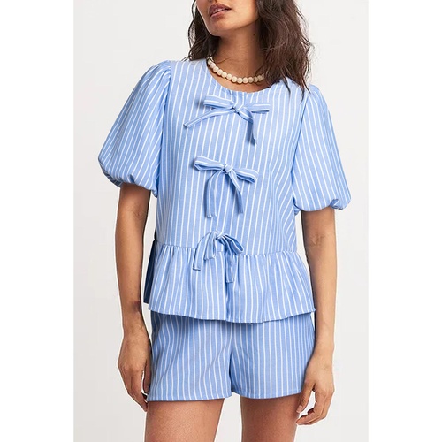 Sky Blue Striped Bowknot Detail Puffy Sleeve Top and Shorts 2Pcs Set - L - Main Image