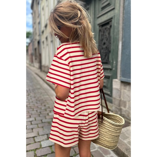 Red Stripe Lace-up Front Top and High Waist Shorts Set - L - Main Image