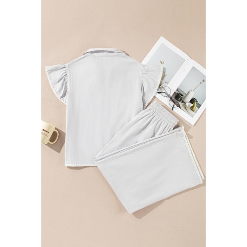 Gray Stripe Zipped up Collar Ruffled Sleeve Tee and Wide Leg Pants 2pcs Outfit - L - Main Image