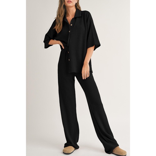 Black Solid Color Textured Buttoned Shirt and Casual Pants Set - M - Main Image