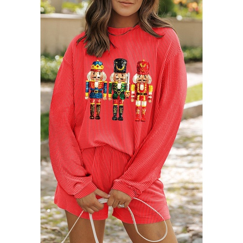 Gold Flame Heat Transfer Christmas Nutcracker Ribbed Long Sleeve Top Shorts Set - M - Main Image