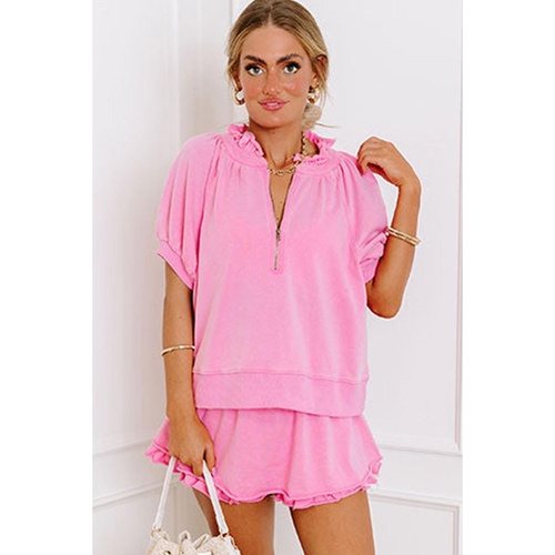 Pink Half Zip Puff Sleeve Top and Ruffled Shorts Set - S - Main Image