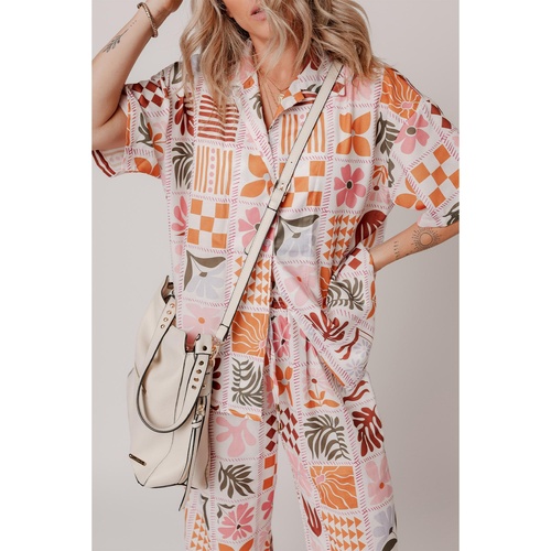 Orange Plant Checkered Print Collared Shirt and Wide Leg Pants Set - L - Main Image
