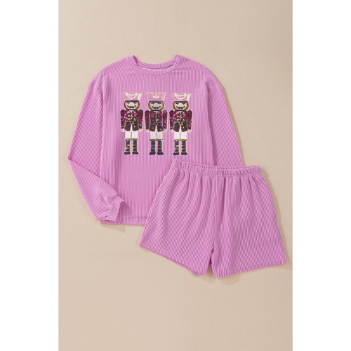 Phalaenopsis Sequin Nutcracker Patched Long Sleeve Corded Christmas Shorts Set - XL - Main Image