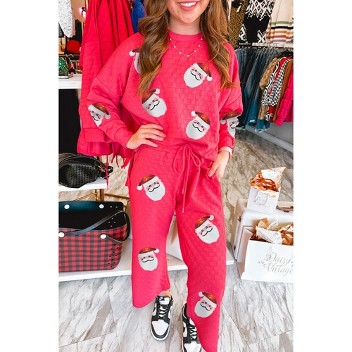Strawberry Pink Sequin Father Christmas Patched Casual Textured 2pcs Pants Set - XL - Main Image