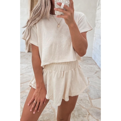 Beige 2pcs Cropped Tee and Ruffle High Waist Skort Set - S - Main Image