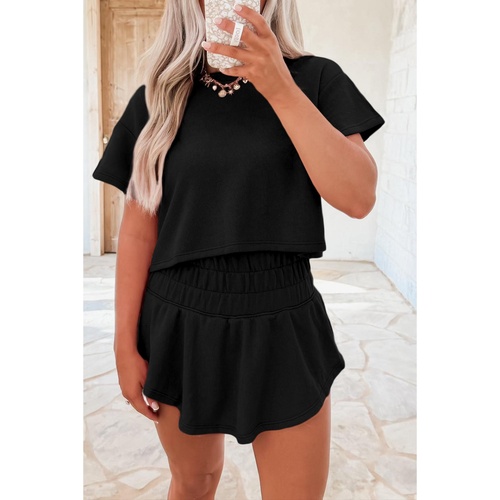 Black 2pcs Cropped Tee and Ruffle High Waist Skort Set - S - Main Image