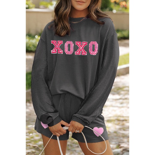 Carbon Grey XOXO Heart Patched Pattern Long Sleeve Corded Shorts Set - M - Main Image