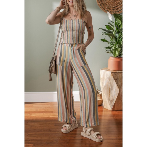 Multicolour Vertical Striped Smocked Cami Top Wide Leg Pants Set - S - Main Image