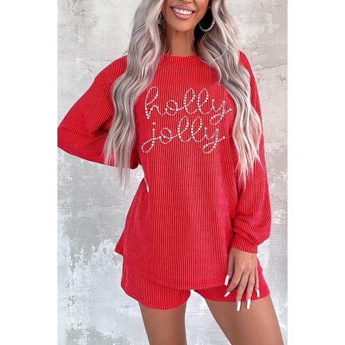 Gold Flame Rhinestone holly jolly Pattern Corded Long Sleeve Top and Shorts Set - L - Main Image