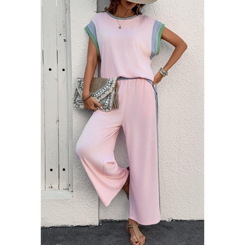 Pink Corded Colorblock Patchwork Short Sleeve Top and Loose Pants Set - S - Main Image